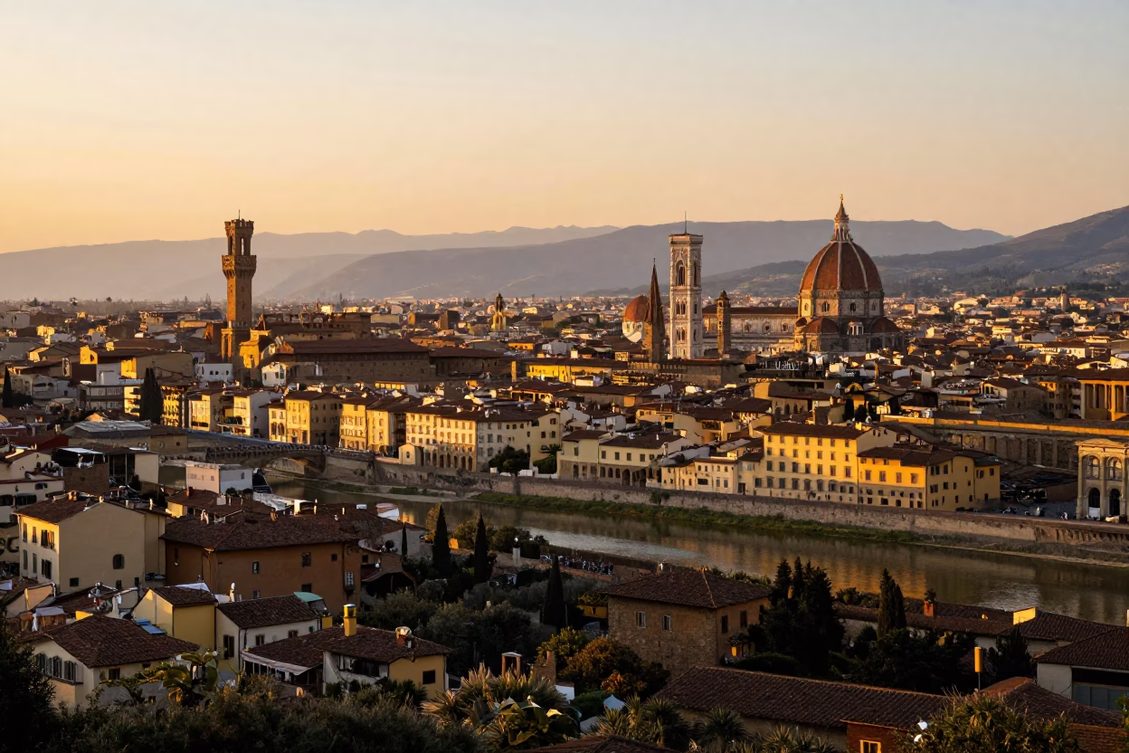 Sunset View of Florence Italy from Piazzale Michelangelo with Tuscan Hills and City Skyline in in Florence, Italy