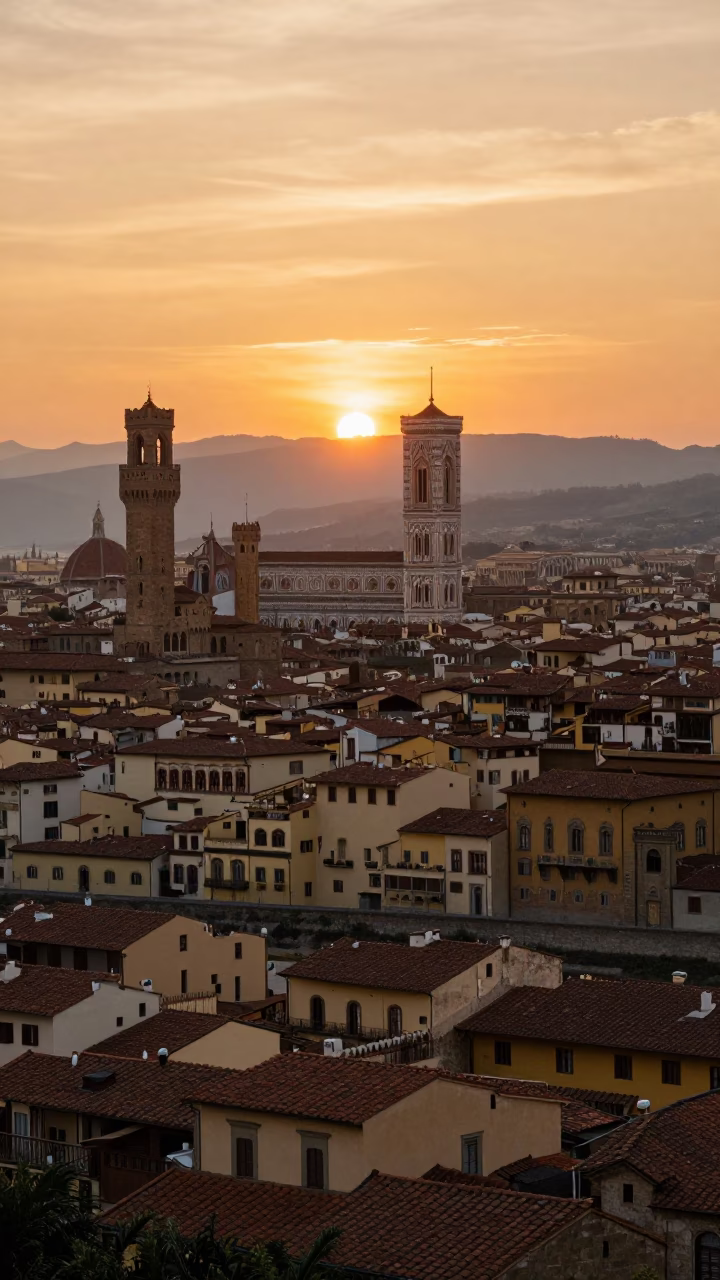 Sunset view of Florence Italy historic cityscape and terracotta rooftops at dusk in in Florence, Italy