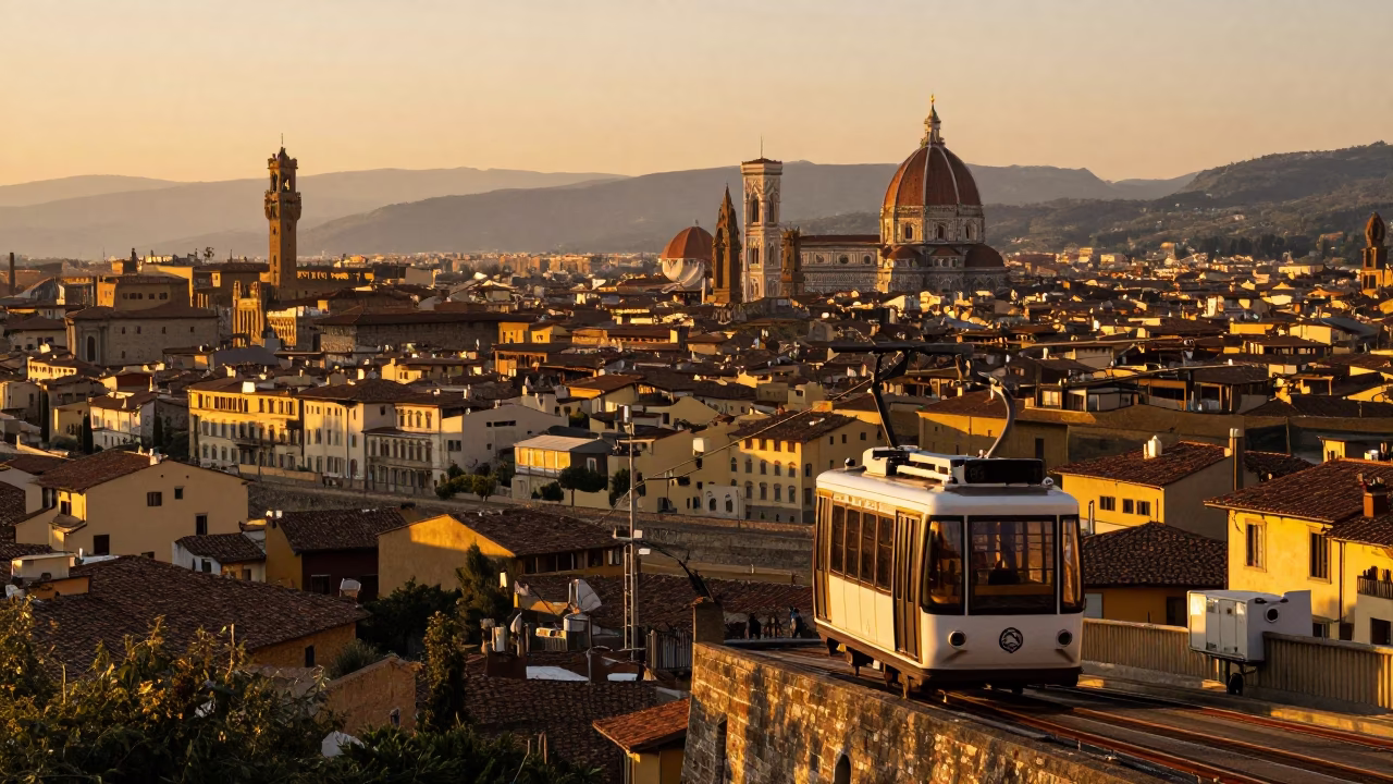 Sunset View of Florence Italy with Funicular Climbing Hill and Sage Leaves on Table in in Florence, Italy