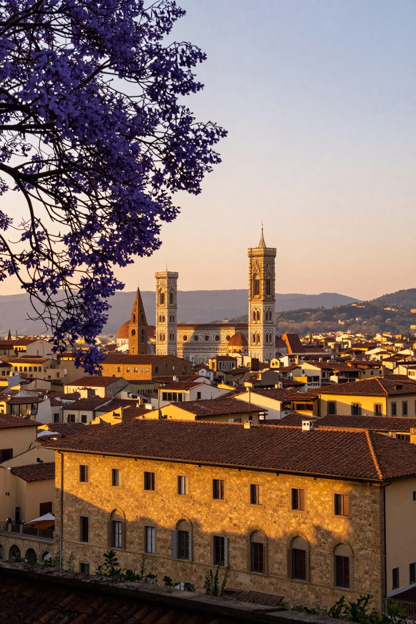 Sunset View of Florence Italy with Jacaranda Tree Blooms and Historic Architecture in in Florence, Italy