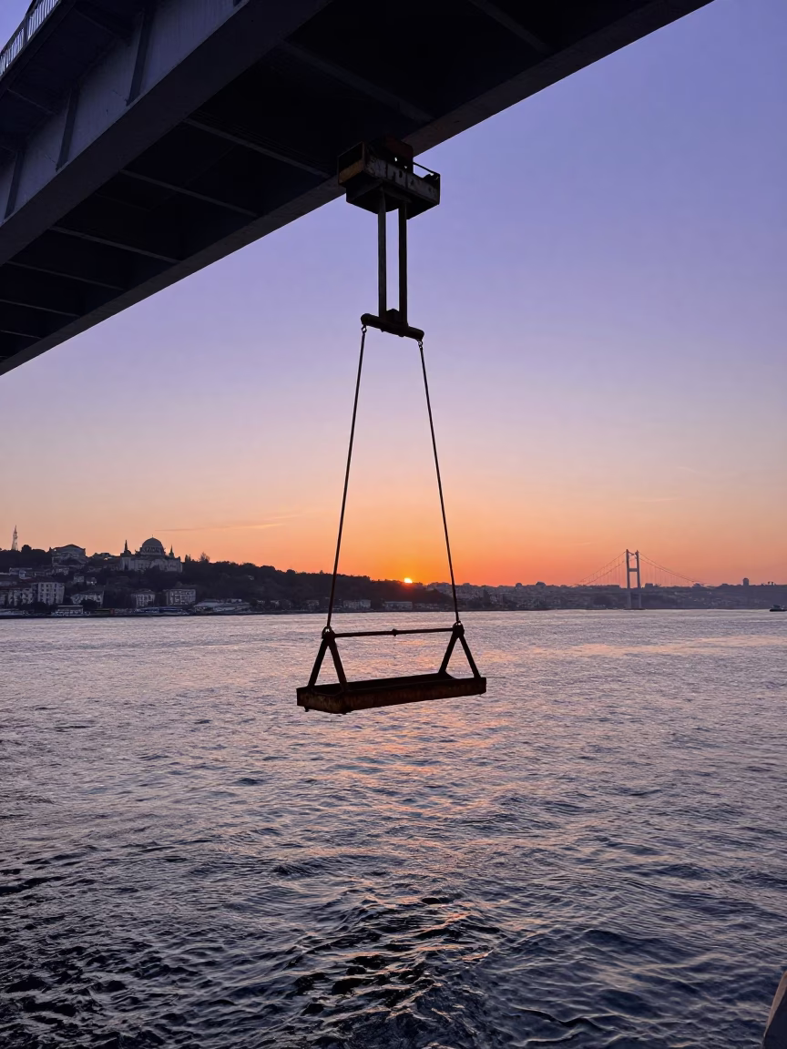 Sunset View of Golden Horn Bridge Maintenance Cradle Over Istanbul Water in in Istanbul, Turkey