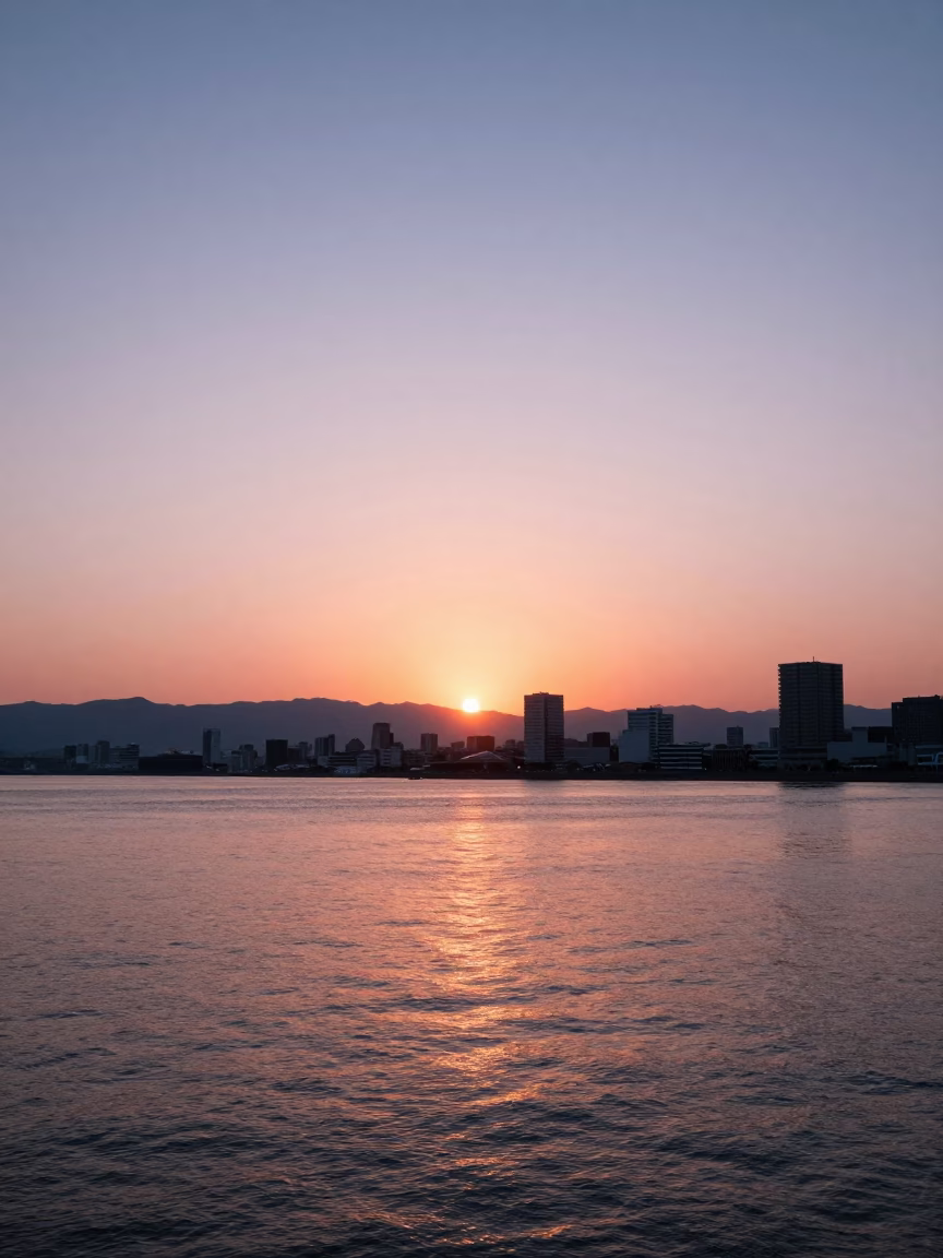 Sunset View of Hakata Bay Waterfront and City Skyline from Fukuoka Japan in in Fukuoka, Japan
