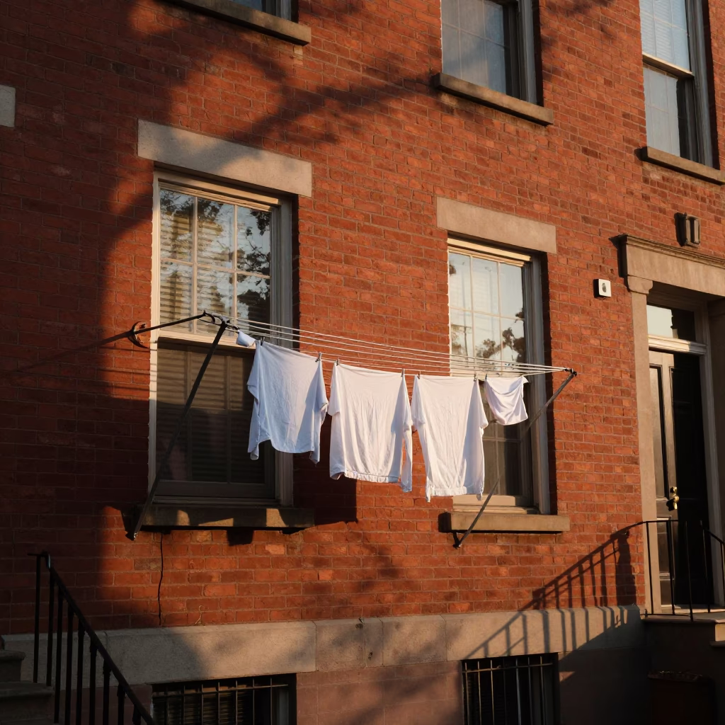 Sunset view of historic Philadelphia row house exterior with laundry lines and streetlamp glow in in Philadelphia, Pennsylvania, United States