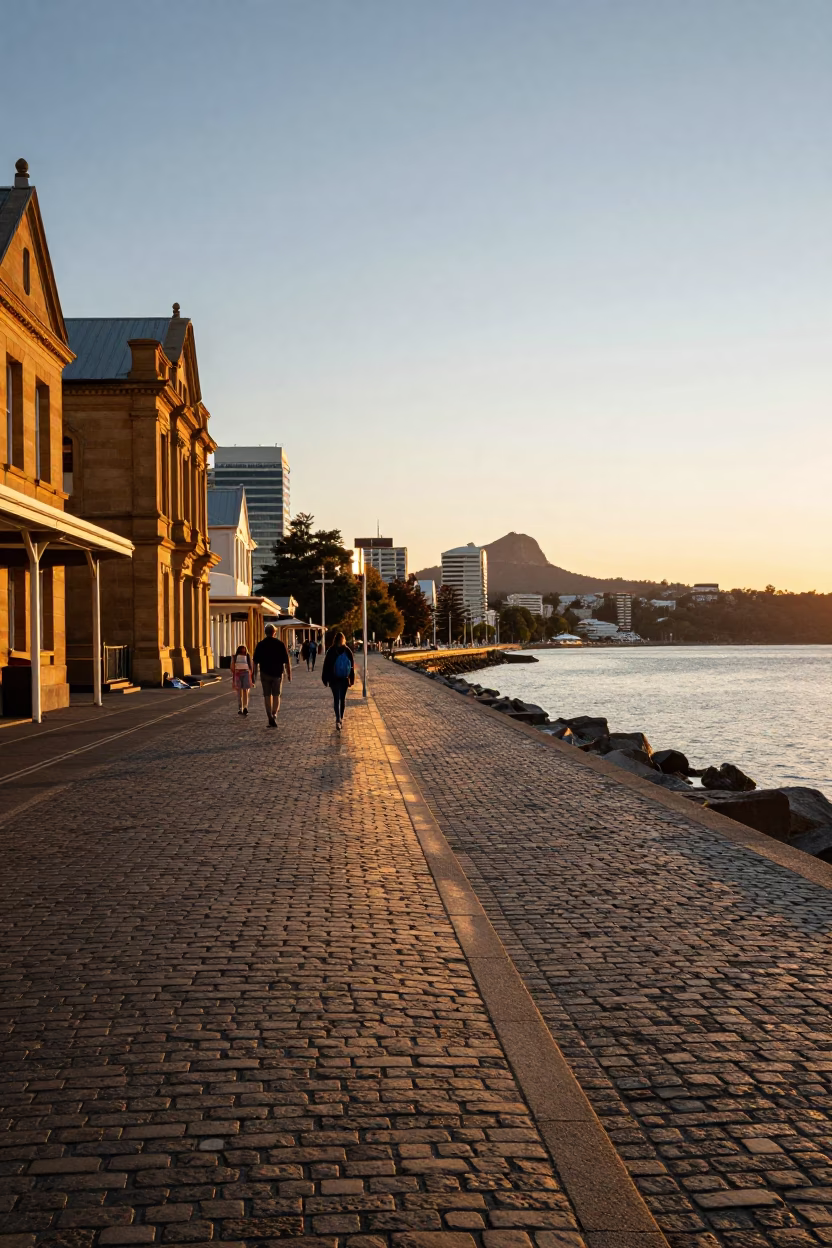 Sunset view of Hobart waterfront and Mount Wellington from Salamanca Place promenade in Tasmania in in Hobart, Tasmania, Australia