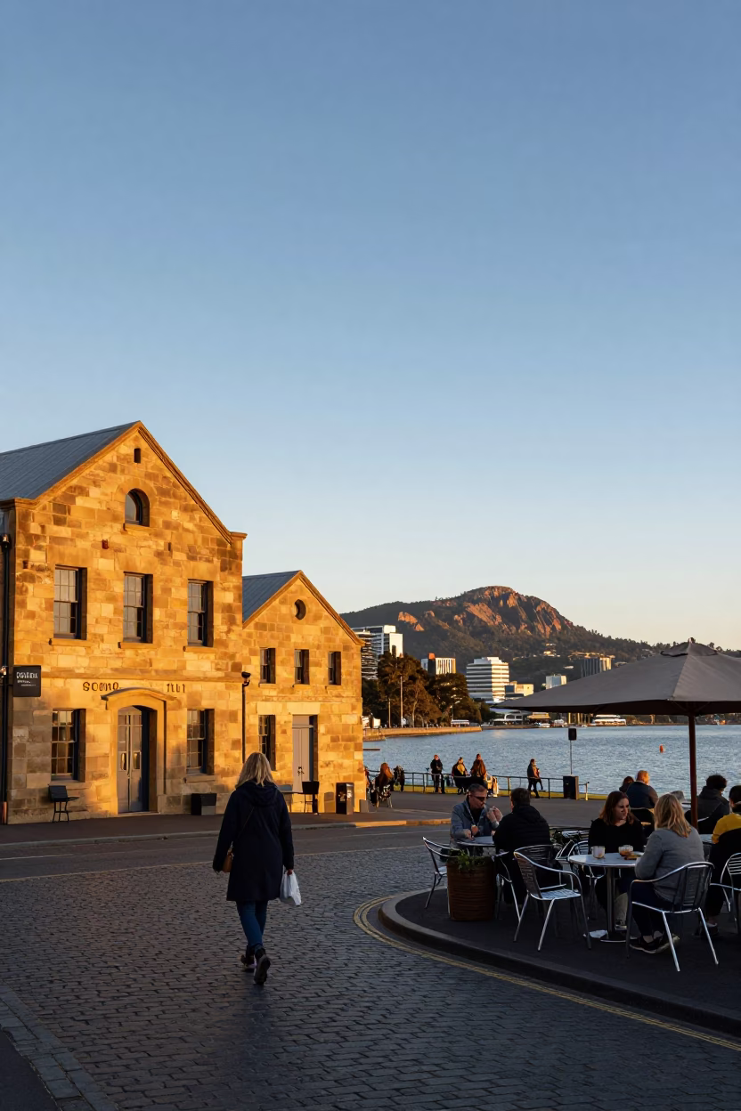Sunset View of Hobart Waterfront and Mount Wellington from Salamanca Place in in Hobart, Tasmania, Australia