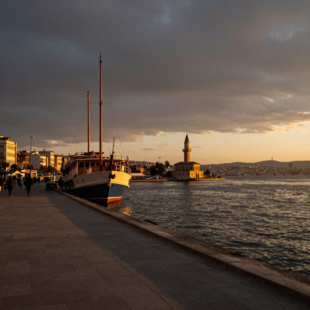 Sunset view of Izmir harbor with tall ship and stone architecture in in Izmir, Turkey