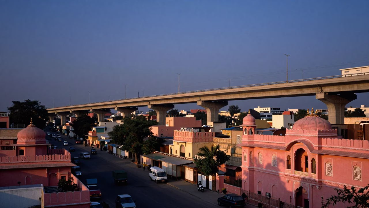 Sunset View of Jaipur Pink City Highway Flyover and Street Life in in Jaipur, India