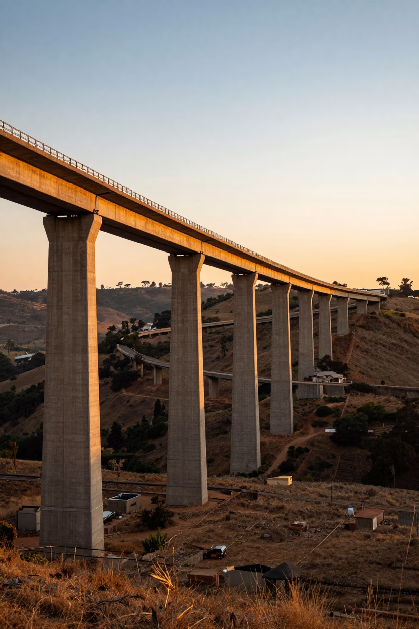 Sunset View of Johannesburg Concrete Viaduct Curving Across Valley Floor at Dusk in in Johannesburg, South Africa