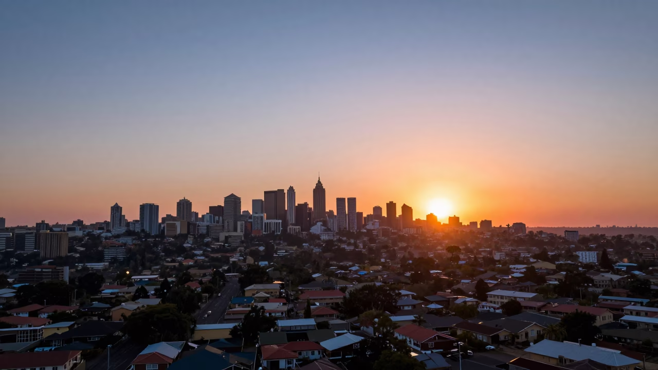 Sunset view of Johannesburg skyline and suburban rooftops with orange glow in in Johannesburg, South Africa