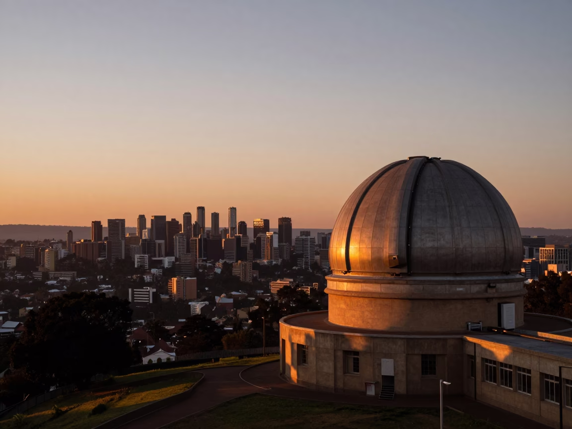 Sunset View of Johannesburg Skyline with Old Observatory Dome and Urban Horizon in in Johannesburg, South Africa
