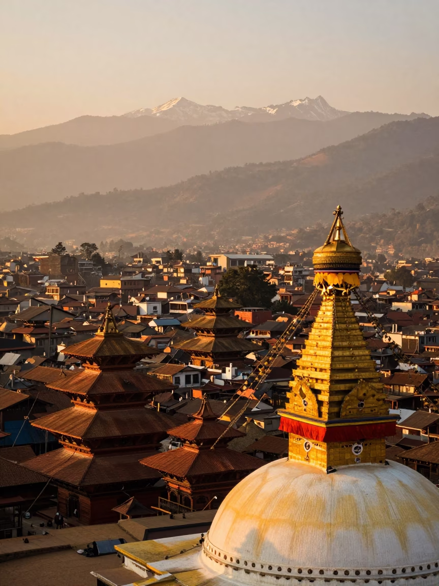 Sunset View of Kathmandu Valley from Swayambhunath Stupa with Monks and Prayer Flags in in Kathmandu, Nepal