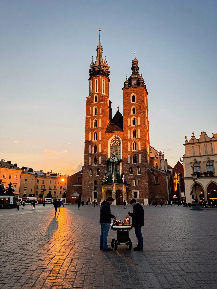 Sunset View of Krakow Main Square with St Mary's Basilica and Street Vendor in in Krakow, Poland