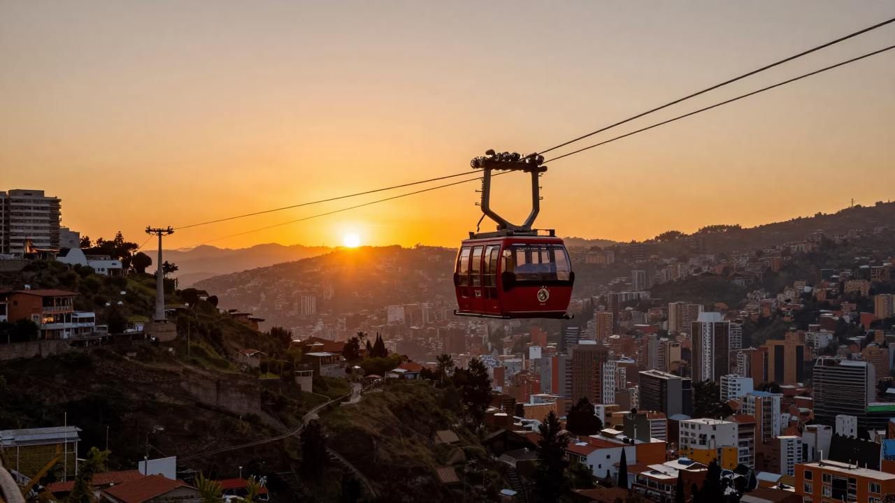 Sunset View of La Paz Bolivia Cable Cars and Cityscape in in La Paz, Bolivia