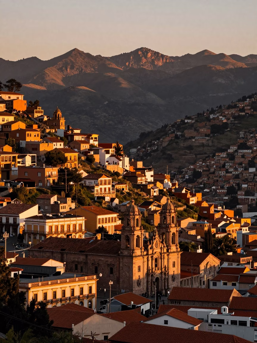 Sunset view of La Paz Bolivia colonial architecture and mountain backdrop in in La Paz, Bolivia