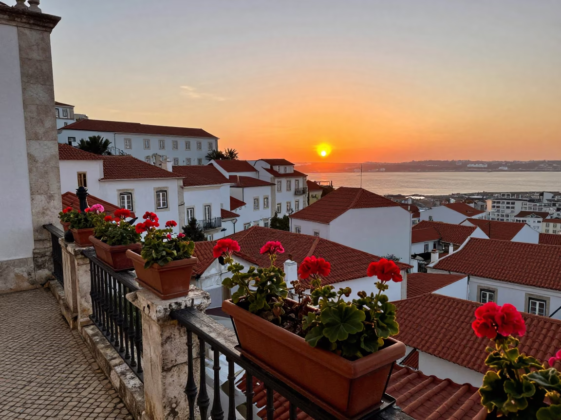 Sunset view of Lisbon historic Alfama district with terracotta flowerpots and traditional azulejo tiles in in Lisbon, Portugal