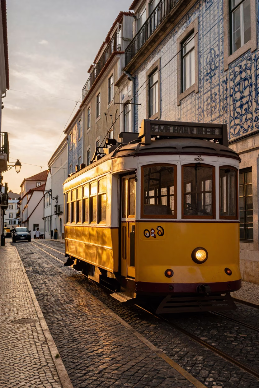 Sunset View of Lisbon Portugal Tram 28 Passing Traditional Azulejo Tiles in in Lisbon, Portugal