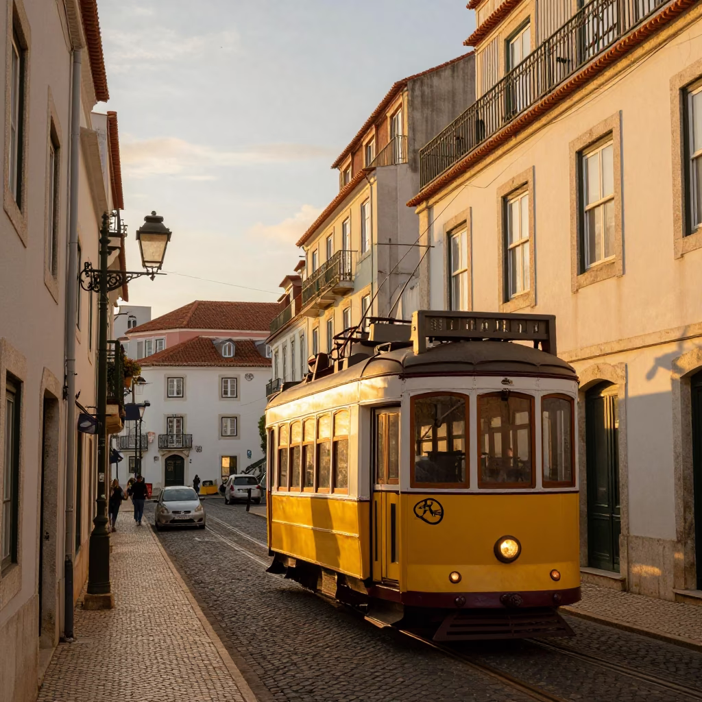Sunset View of Lisbon's Alfama District with Tram and Traditional Pastries in in Lisbon, Portugal
