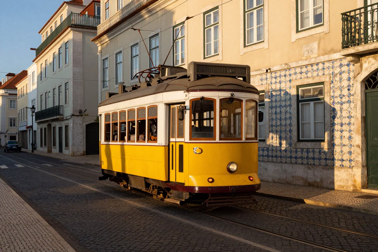 Sunset View of Lisbon Tram 28 Passing Historic Tile Facade in Portugal in in Lisbon, Portugal