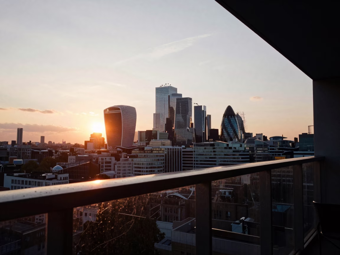 Sunset view of London skyline from balcony with dented metal rim and teapot in in London, United Kingdom