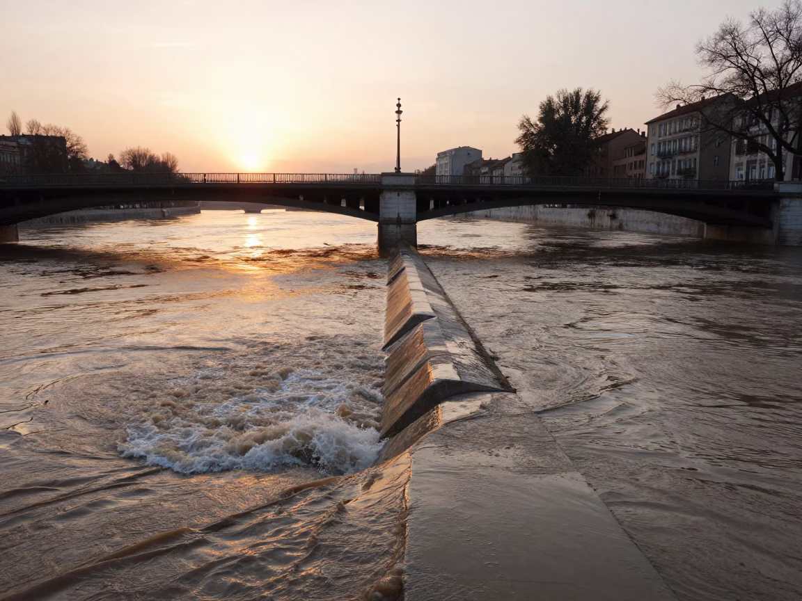 Sunset view of Lyon France bridge pier cutwater splitting flood brown current water in in Lyon, France