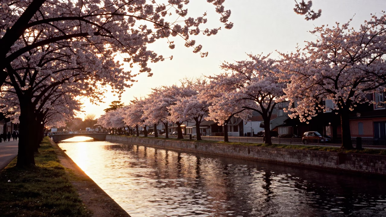 Sunset view of Lyon France canal with cherry trees and bougainvillea wall in in Lyon, France