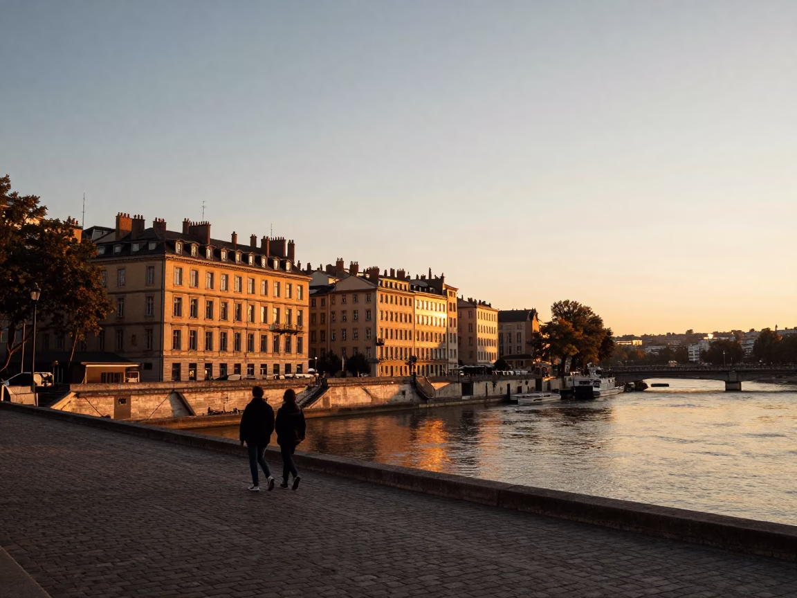 Sunset view of Lyon France historic architecture and river scene in in Lyon, France