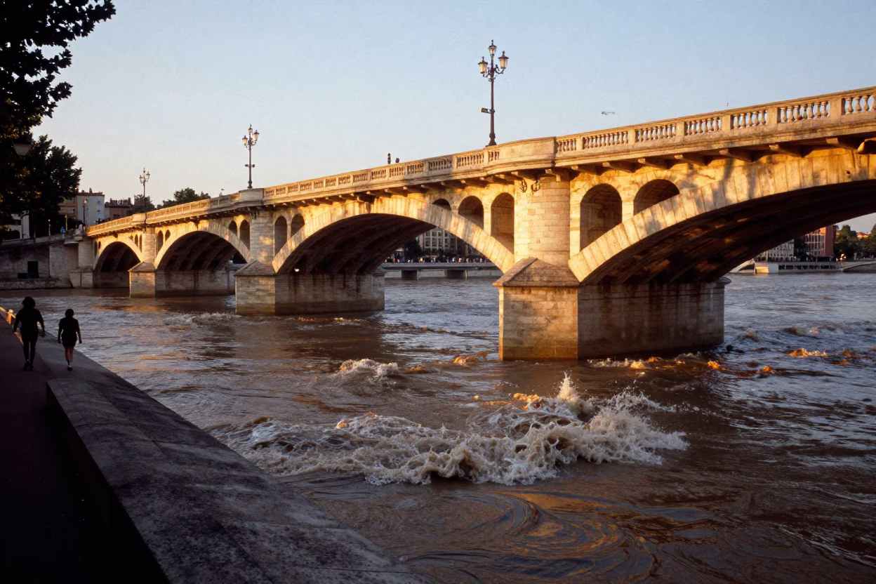 Sunset View of Lyon France with Old Bridge Piers and Muddy Water Reflections in in Lyon, France