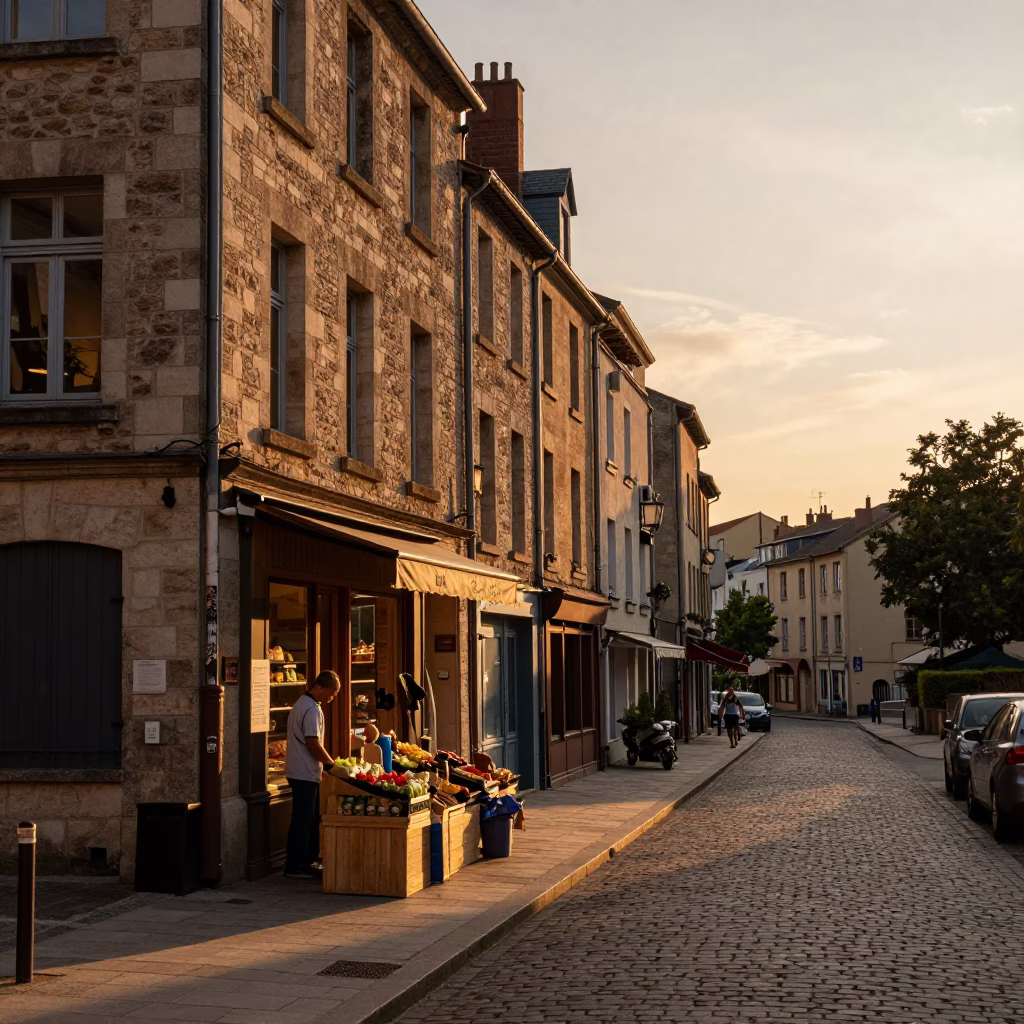 Sunset view of Lyon France with stone architecture and street life in in Lyon, France