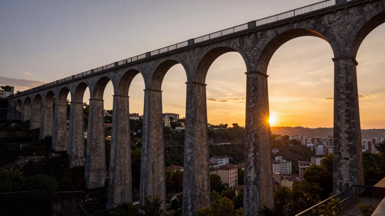 Sunset View of Lyon Railway Viaduct Arches Spanning Valley in France in in Lyon, France