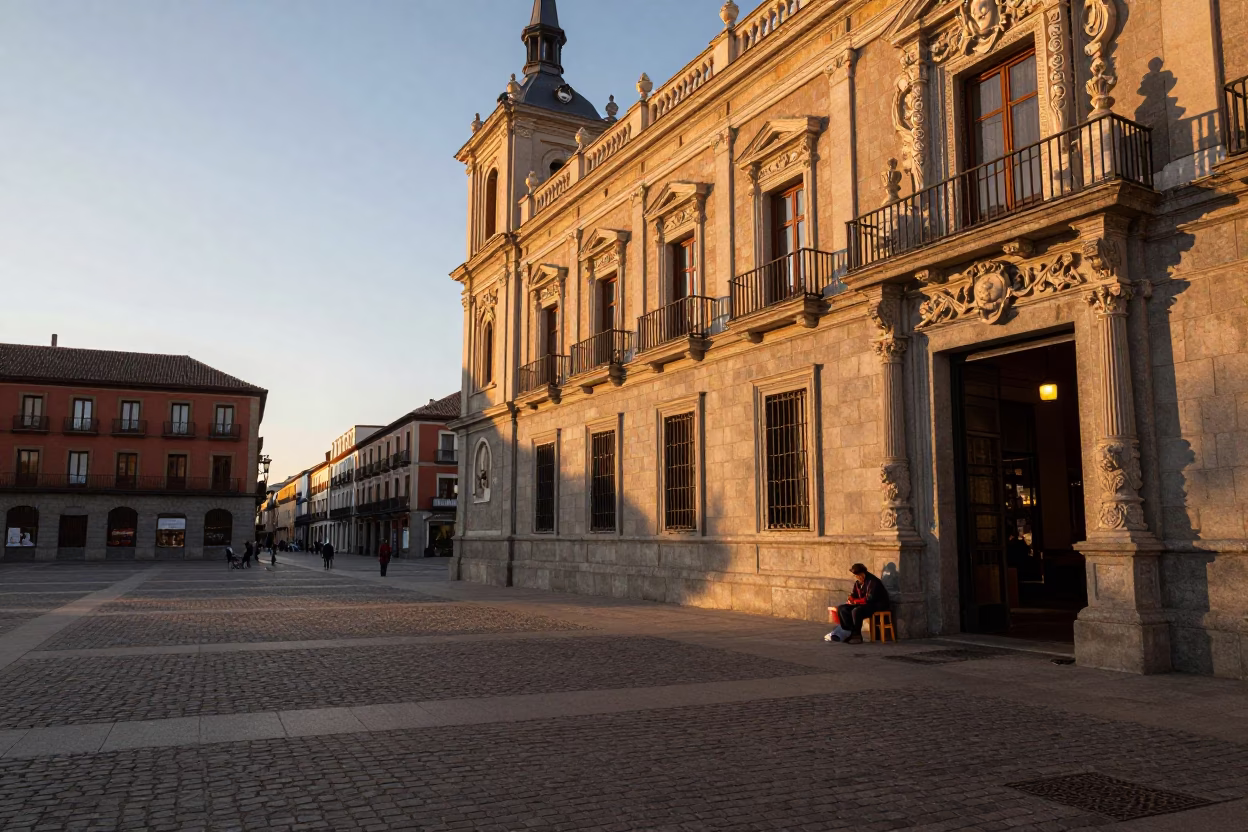 Sunset view of Madrid Spain historic architecture and street life in in Madrid, Spain