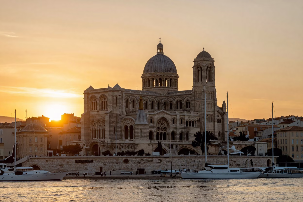 Sunset view of Marseille cathedral and old port with historic architecture in in Marseille, France
