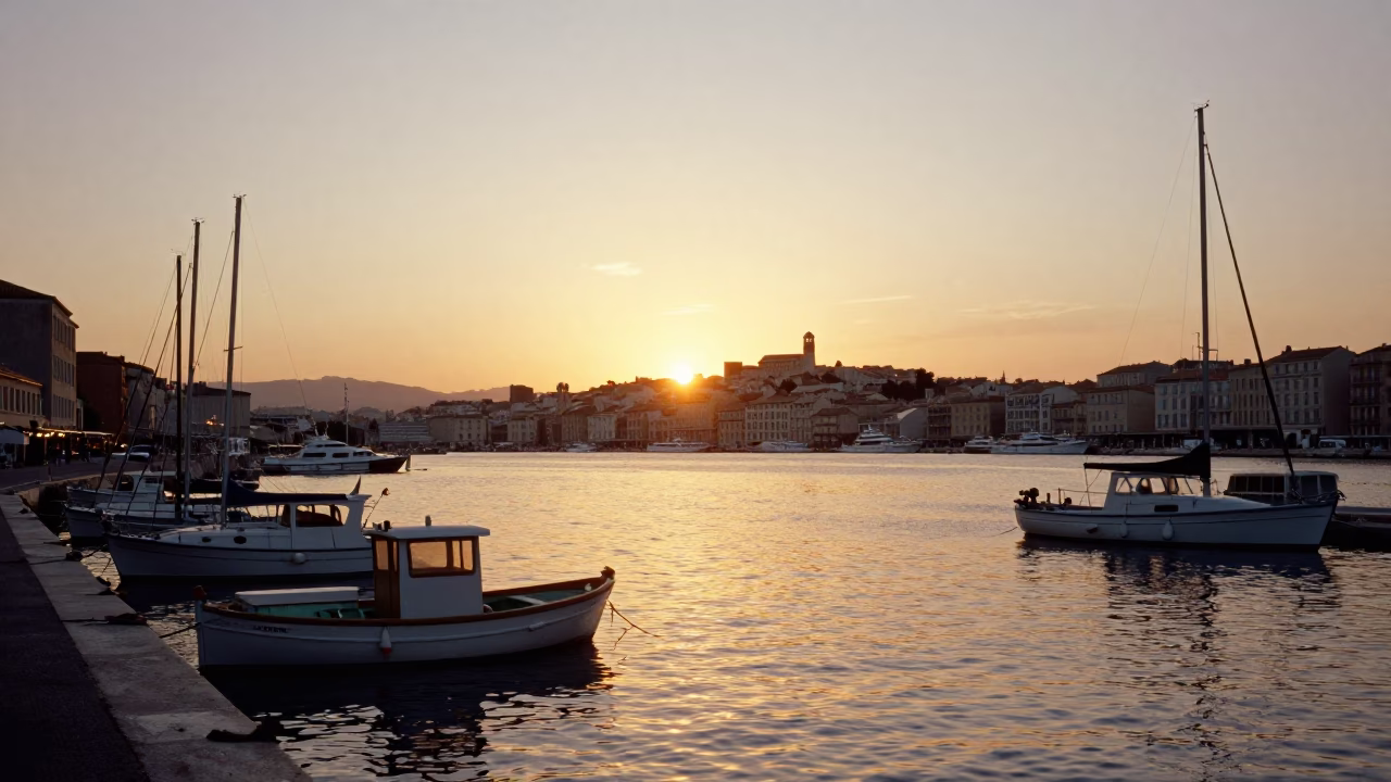 Sunset View of Marseille Old Port Vieux Port with Boats and City Skyline in in Marseille, France