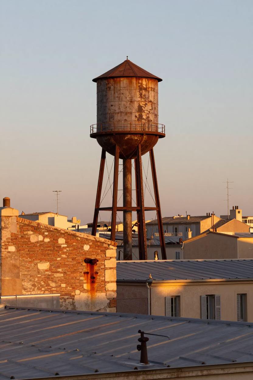 Sunset View of Marseille Rooftop Water Tower and Rusty Wall Details in in Marseille, France