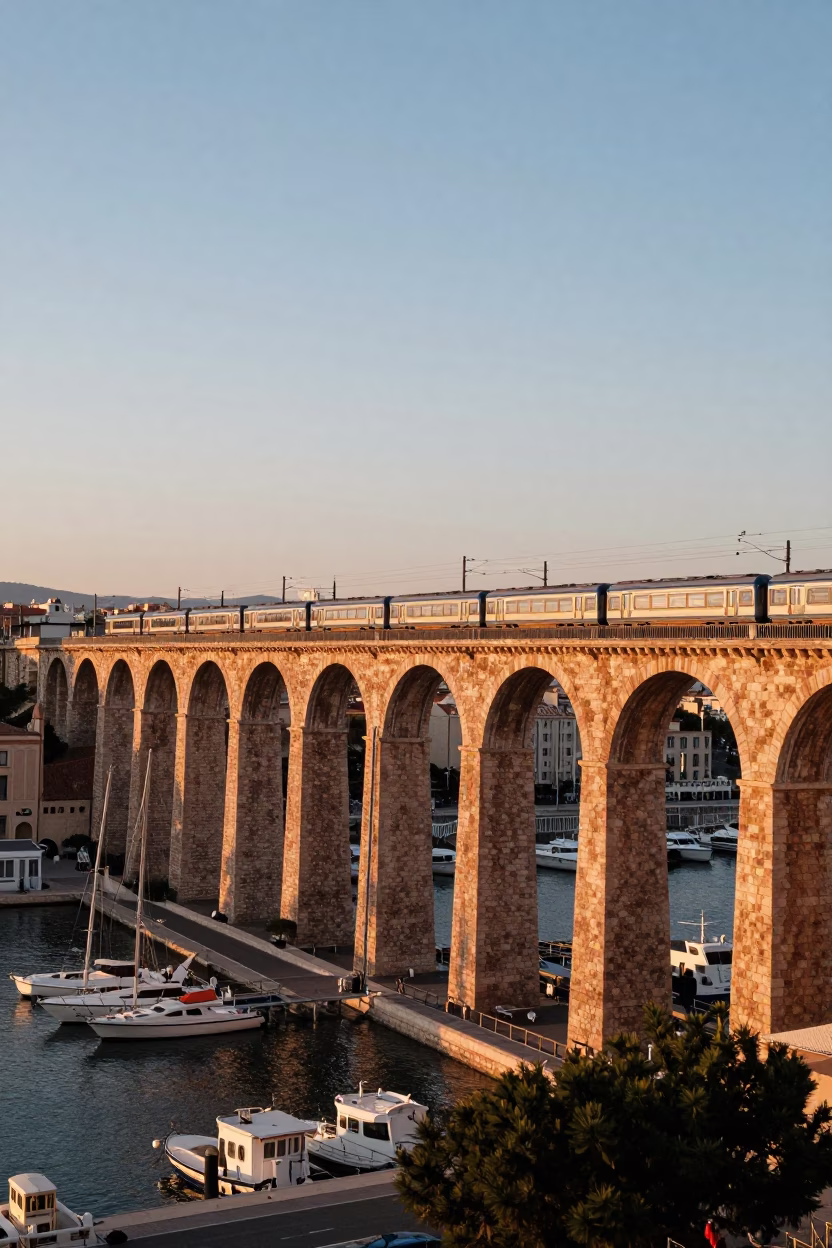 Sunset View of Marseille Viaduct with Passing Train and Street Level Details in in Marseille, France