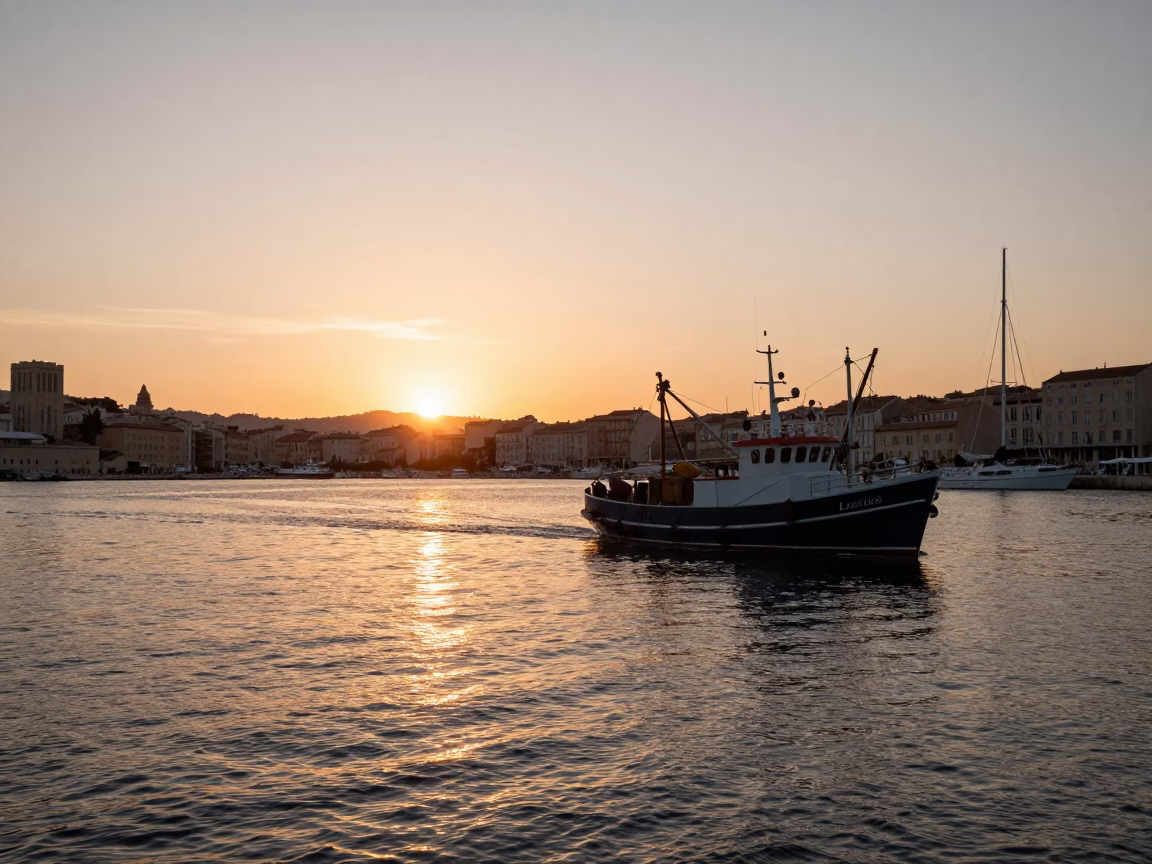 Sunset view of Marseille Vieux Port with fishing trawler and harbor activity in in Marseille, France