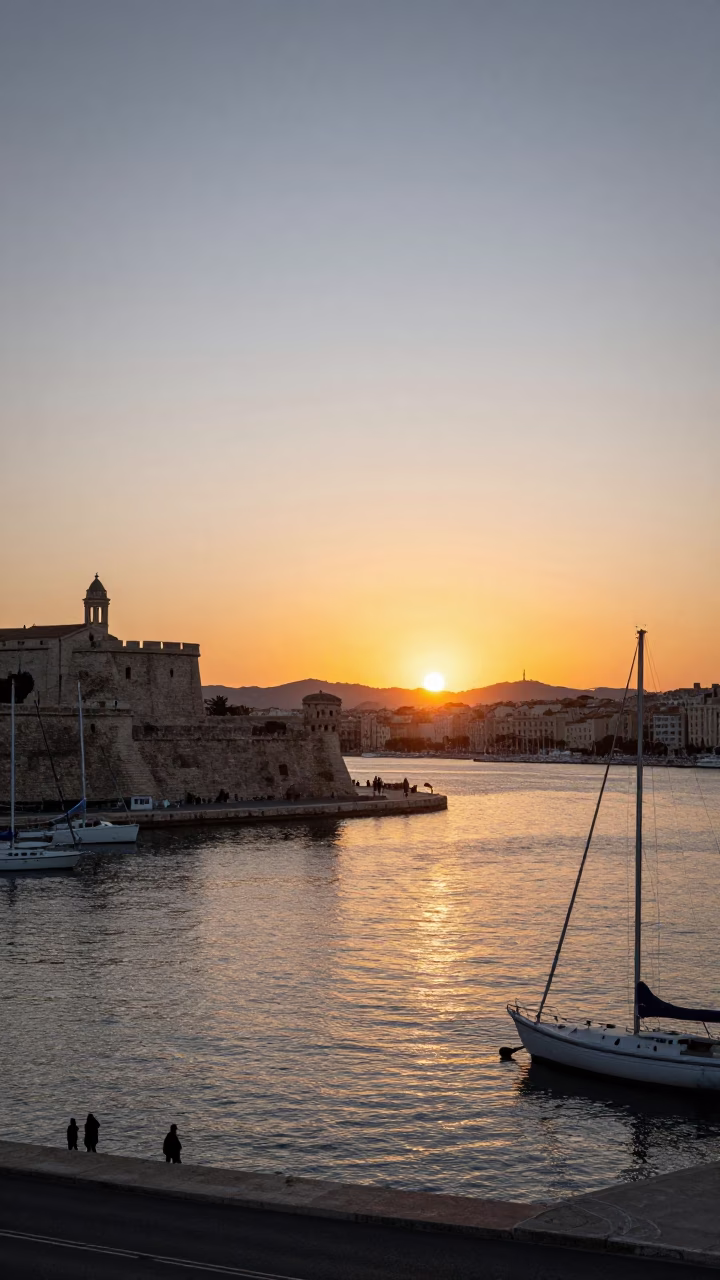 Sunset view of Marseille Vieux Port with historic fortifications and leisure boats in in Marseille, France