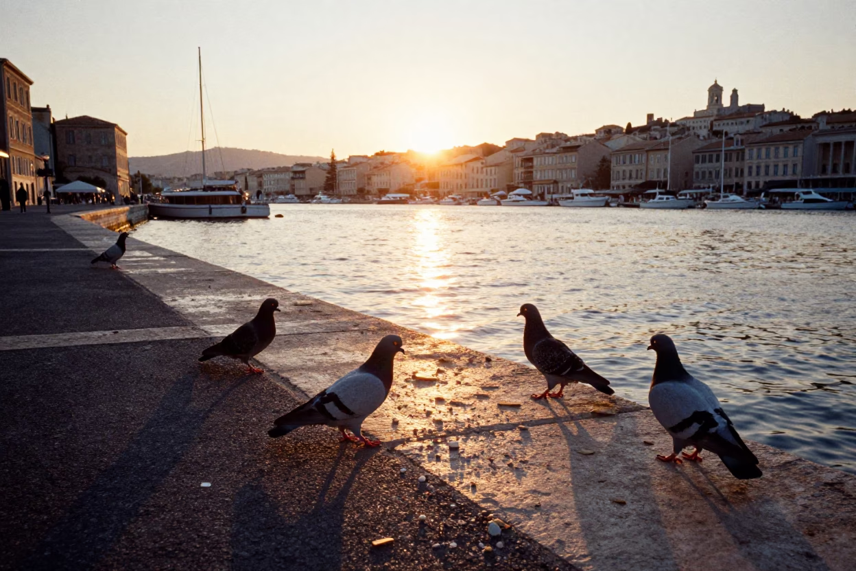 Sunset view of Marseille Vieux Port with pigeons and traditional boats in in Marseille, France