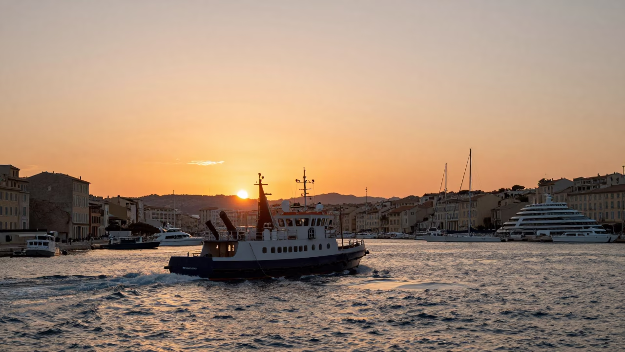 Sunset view of Marseille Vieux Port with pilot boat and harbor activity in in Marseille, France