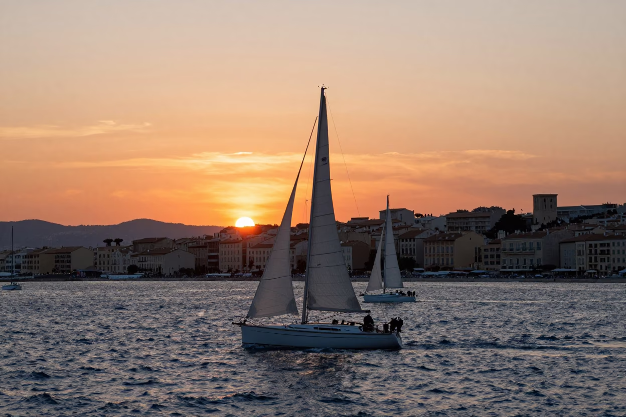 Sunset View of Marseille Vieux Port with Sailboat and Limestone Cliffs in in Marseille, France