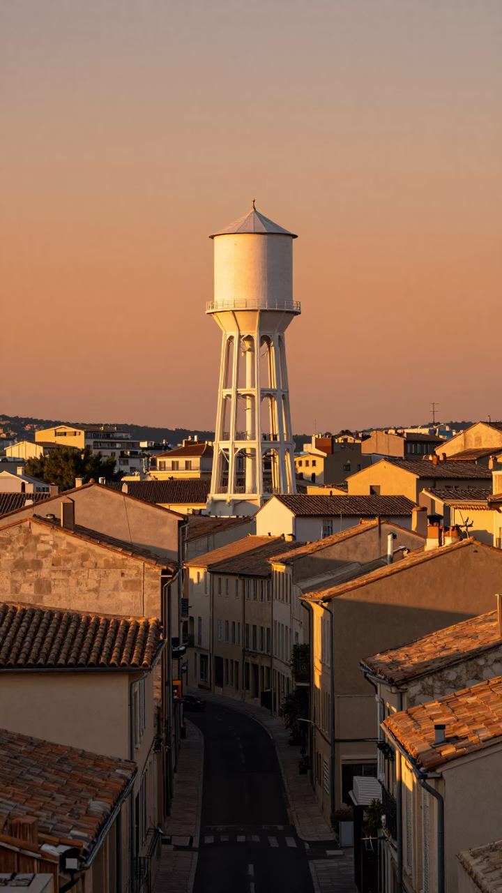 Sunset view of Marseille water tower on rooftop with street scene below in in Marseille, France