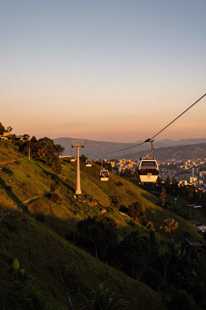 Sunset view of Medellin Colombia from Parque Arví with cable car and city skyline in in Medellin, Colombia