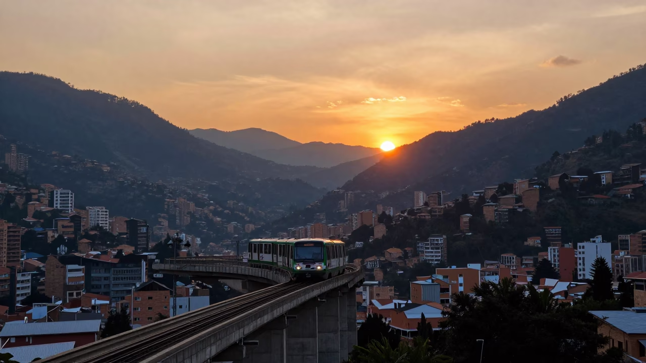 Sunset View of Medellin Colombia Metro Line and Andes Mountains in in Medellin, Colombia