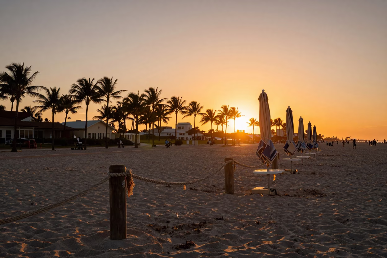 Sunset View of Miami Beach Boardwalk with Frayed Rope and Umbrellas in in Miami, Florida, United States