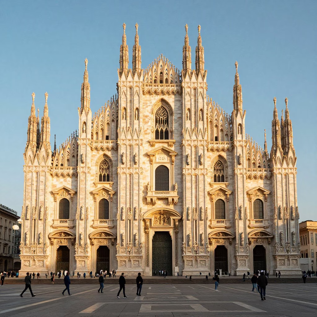 Sunset view of Milan Duomo facade with tourists and urban street life in in Milan, Italy
