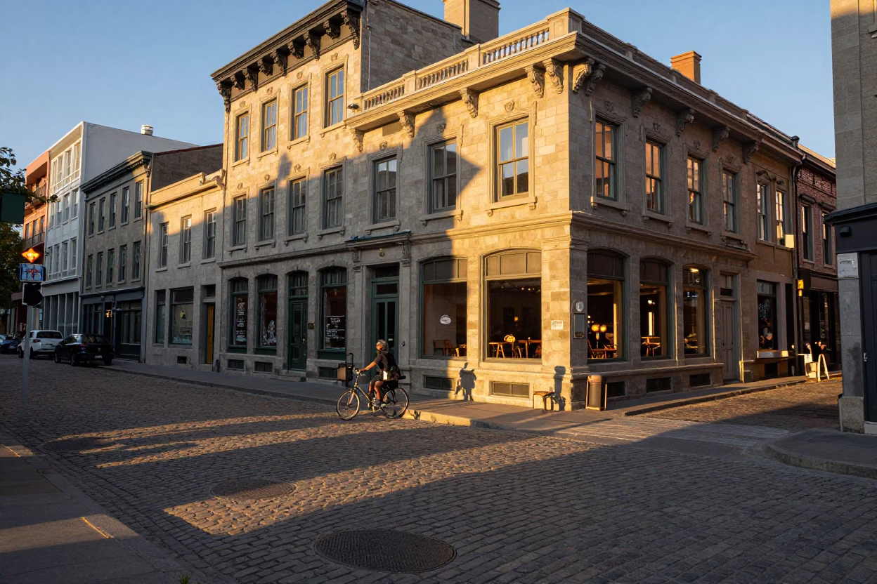 Sunset View of Montreal Street with Bicycle and Glass Carafe on Table in in Montreal, Quebec, Canada