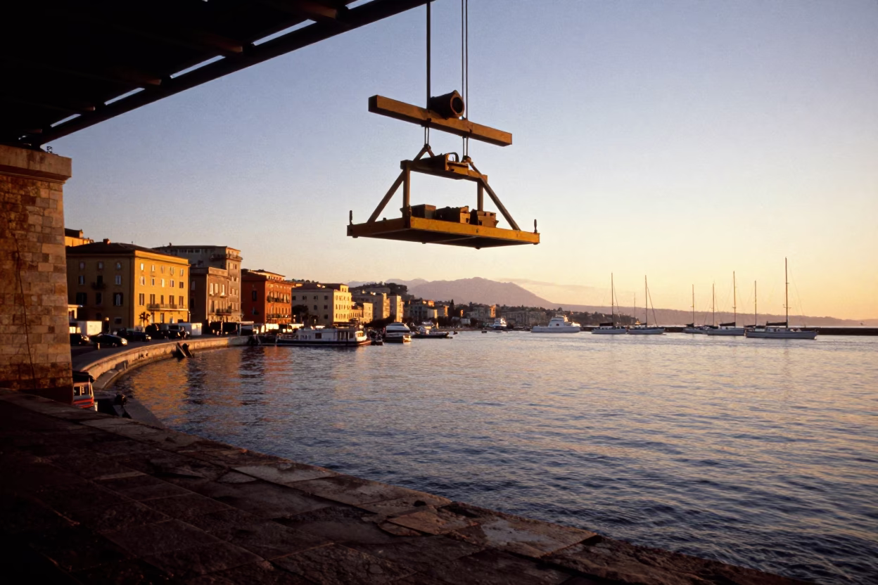 Sunset View of Naples Harbor with Bridge Maintenance Cradle Hanging Over Water in in Naples, Italy