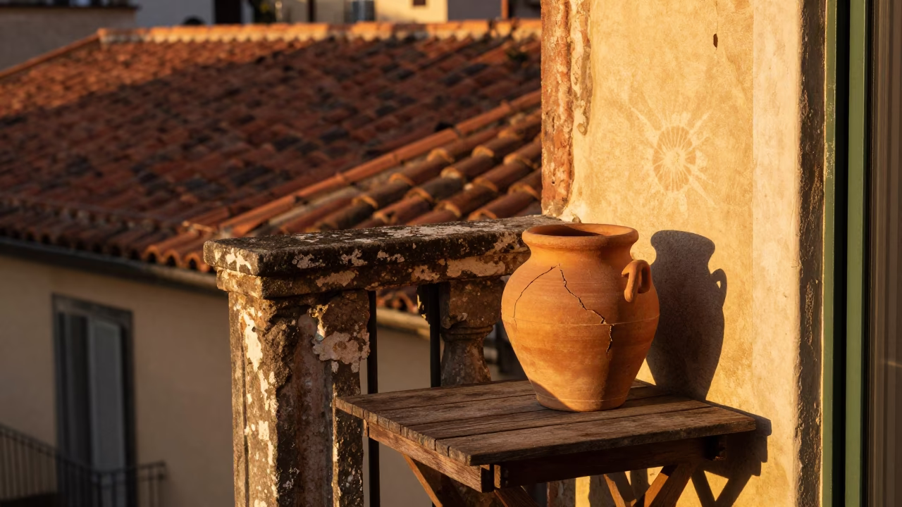 Sunset View of Naples Italy Balcony with Clay Pot and Scratched Sill in in Naples, Italy