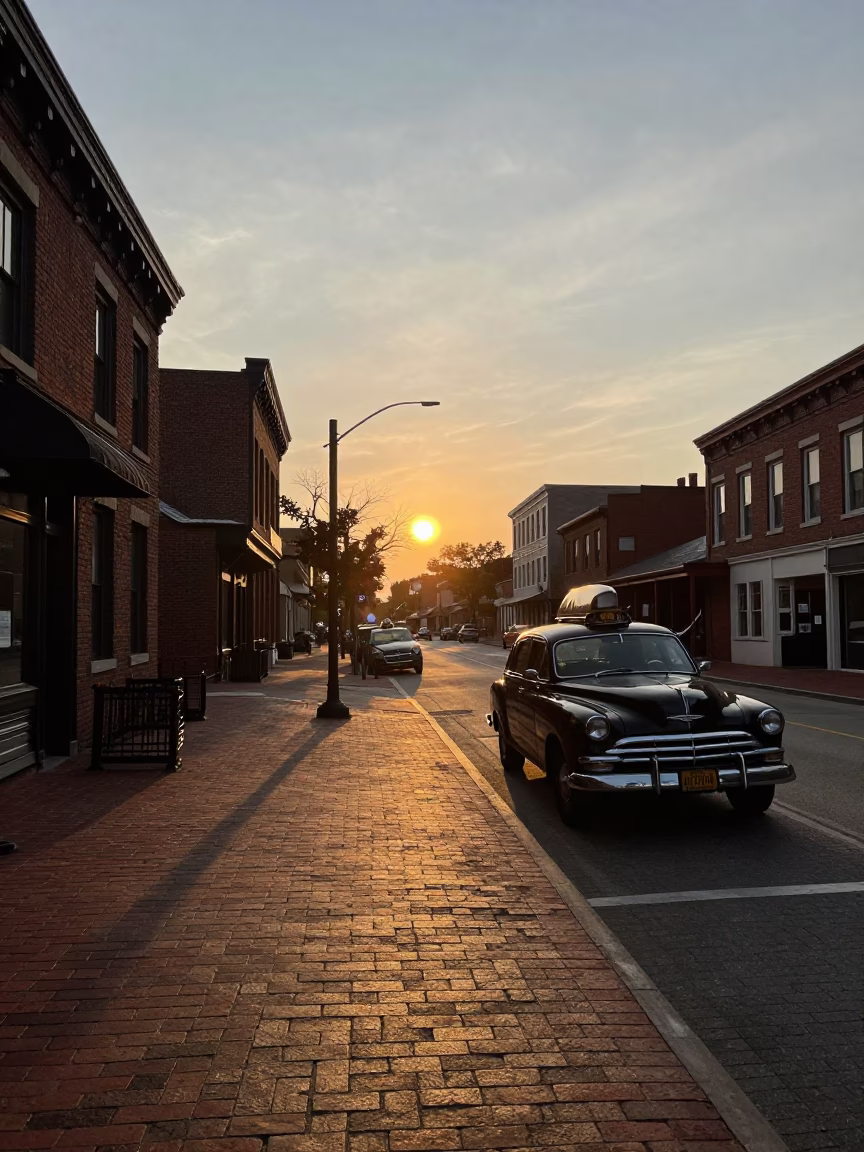 Sunset view of Nashville Tennessee brick architecture and historic street scene at dusk in in Nashville, Tennessee, United States