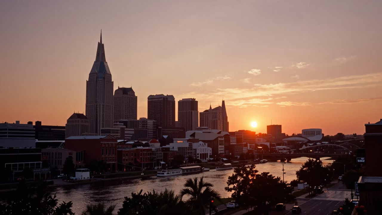 Sunset View of Nashville Tennessee Skyline and Riverfront Street Scene in in Nashville, Tennessee, United States