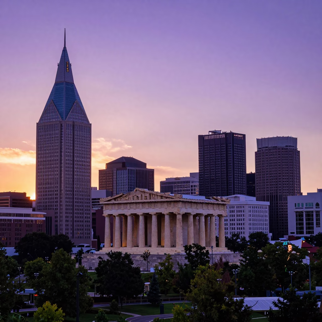 Sunset View of Nashville Tennessee Skyline from Centennial Park with Pedestrians and Parthenon in in Nashville, Tennessee, United States